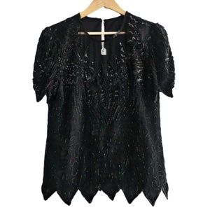 Vintage Beaded Silk Black Sequin Denise Ellis Top
